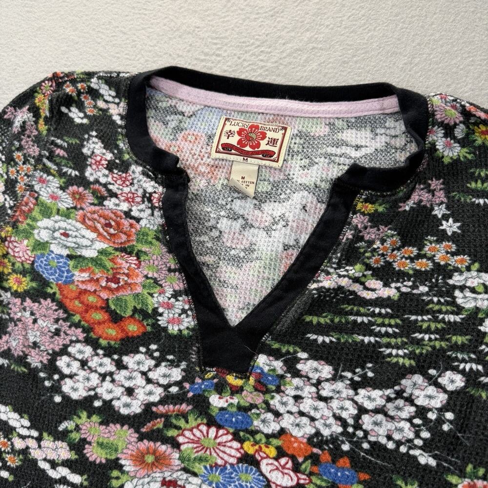 Lucky Brand Sz Medium Waffle Knit Thermal Asian Floral Print Y2K V Neck Henley
